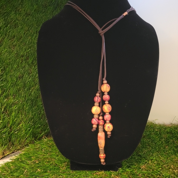Carnelian & Painted Wood 3 Strand Y Necklace Clasp-Free Handmade Sacral Chakra - Picture 12 of 16